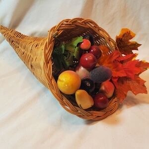 Vintage Cornucopia Horn Of Plenty With Fruit Leaves Harvest Fall Autumn